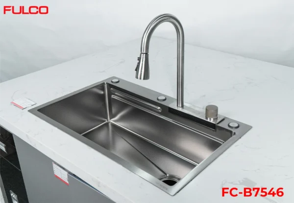 BỘ CHẬU VÒI RỬA 1 HỐ THÁC NƯỚC INOX304 XƯỚC MỜ CAO CẤP Fulco XR1QN9L20C mặt sau
