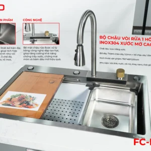 Chậu rửa 1 hố thác nước mặt trước