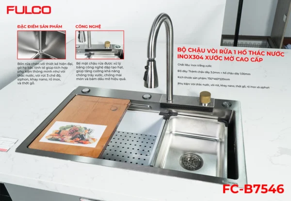 Chậu rửa 1 hố thác nước mặt trước