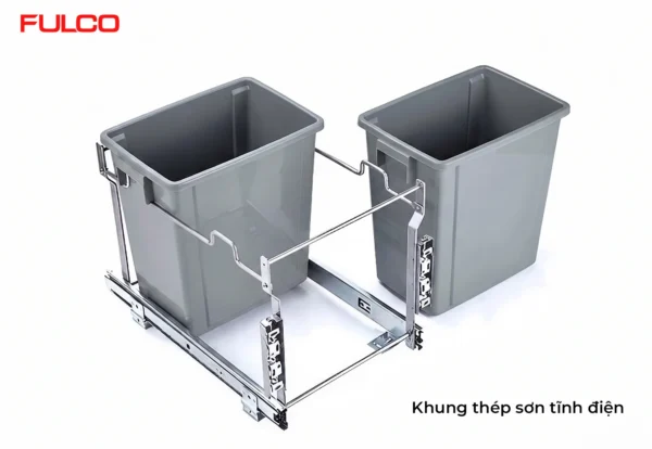 THÙNG RÁC ĐÔI GẮN CÁNH RAY GIẢM CHẤN Fulco NSR.020 cận cảnh