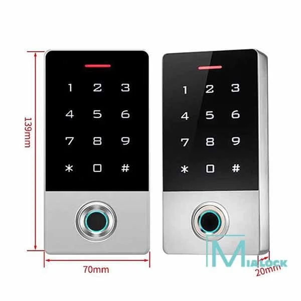Máy Chấm Công Kiểm Soát Ra Vào MIA-ACK2/HF3, hai thiết bị màu đen bạc có bàn phím số, cảm biến vân tay