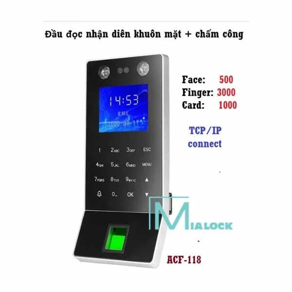 Máy Chấm Công Kiểm Soát Cửa MIA-ACF118, thiết bị đen bạc, màn hình xanh, bàn phím số, vân tay xanh