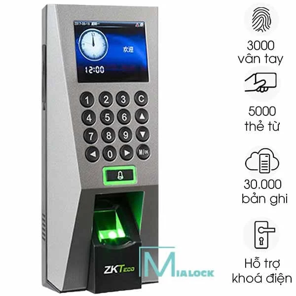Máy Chấm Công Kiểm Soát Ra Vào Cửa ZKTECO-F18, thân bạc, màn hình, bàn phím số, cảm biến vân tay sáng xanh