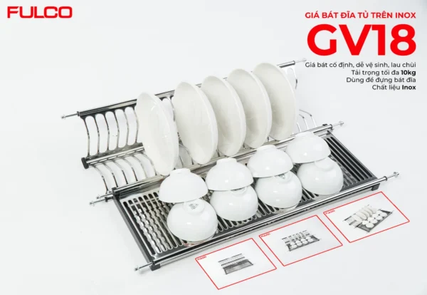 Giá bát đĩa tủ trên inox mặt trước