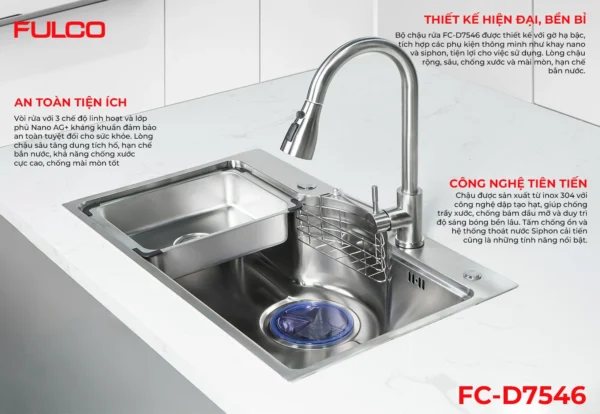 BỘ CHẬU VÒI RỬA1 HỐ INOX304 XƯỚC MỜ CAO CẤP Fulco FC-D7546 mặt sau