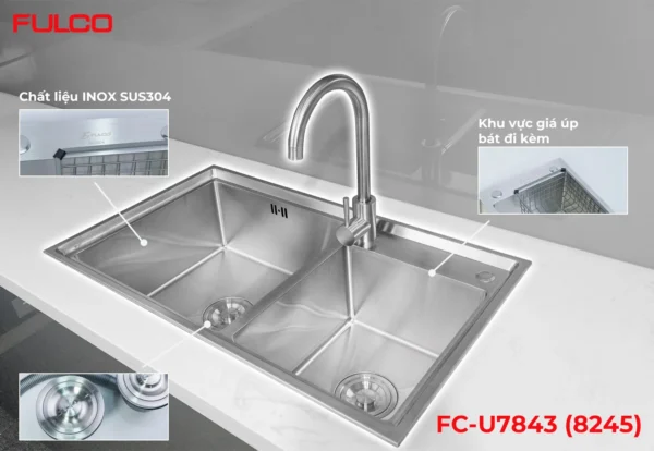 CHẬU RỬA 2 HỐ LỆCH SUS304 Fulco FC-U7843 (8245) mặt sau