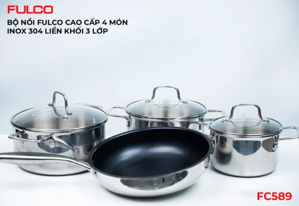 BỘ NỒI FULCO CAO CẤP 4 MÓN INOX 304 LIỀN KHỐI 3 LỚP Fulco FC589 cận cảnh