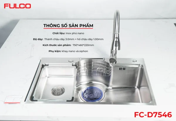 BỘ CHẬU VÒI RỬA1 HỐ INOX304 XƯỚC MỜ CAO CẤP Fulco FC-D7546 toàn cảnh