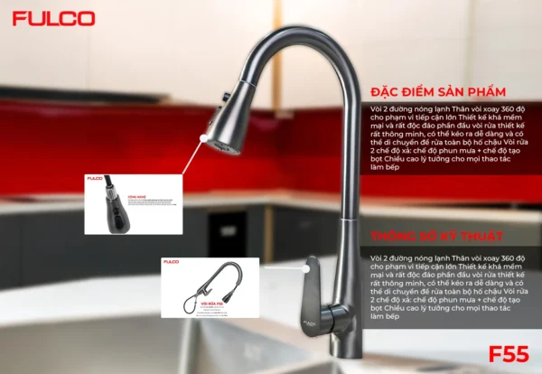 Vòi rửa fulco rút dây mặt trước