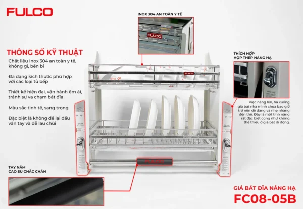 Giá bát đĩa nâng hạ fulco mặt trước