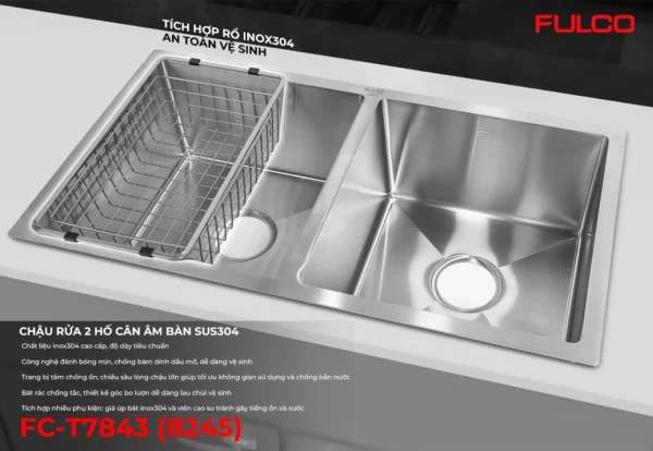 Chậu rửa 2 hố cân âm bàn mặt trước