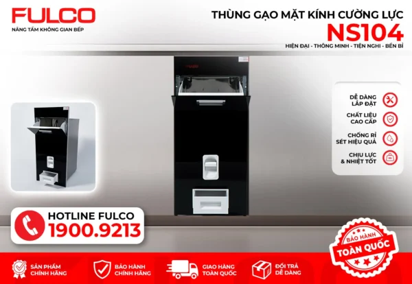 Thùng gạo mặt gương màu đen fulco ns104 mặt trước