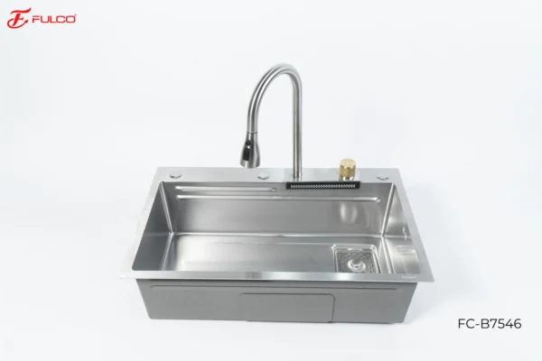 BỘ CHẬU VÒI RỬA 1 HỐ THÁC NƯỚC INOX304 XƯỚC MỜ CAO CẤP Fulco FCB7546 mặt sau