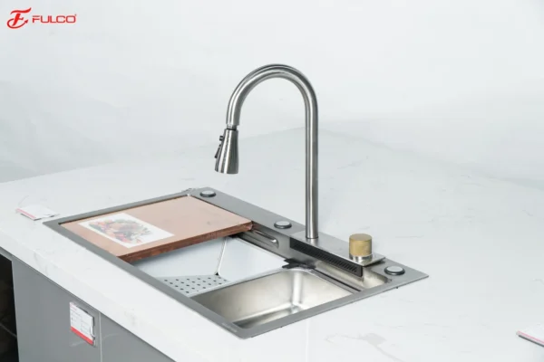 BỘ CHẬU VÒI RỬA 1 HỐ THÁC NƯỚC INOX TRẮNG XƯỚC Fulco FC-B7546 thu gọn