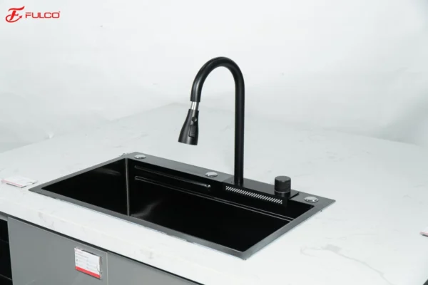 BỘ CHẬU VÒI RỬA 1 HỐ THÁC NƯỚC NANO ĐEN CAO CẤP Fulco FC-B7546 mặt sau