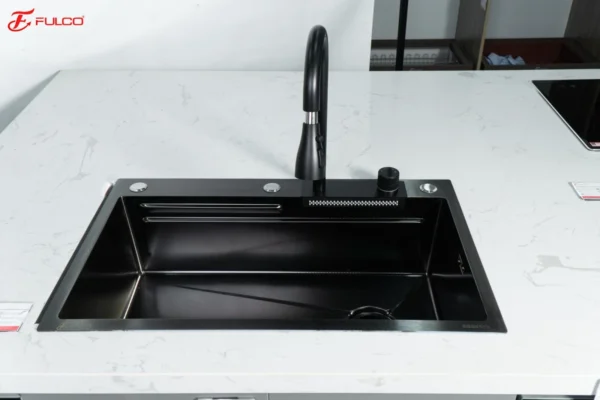 BỘ CHẬU VÒI RỬA 1 HỐ THÁC NƯỚC NANO ĐEN CAO CẤP Fulco 7ULIEVCH29 thu gọn