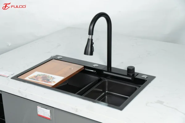 BỘ CHẬU VÒI RỬA 1 HỐ THÁC NƯỚC NANO ĐEN CAO CẤP Fulco FC-B7546 phía dưới