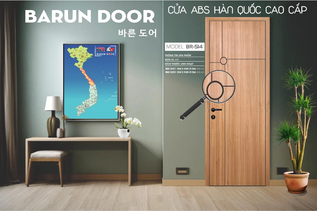 Hình ảnh 3D cửa thiết kế BR-514 với hình tròn giao cắt đường thẳng