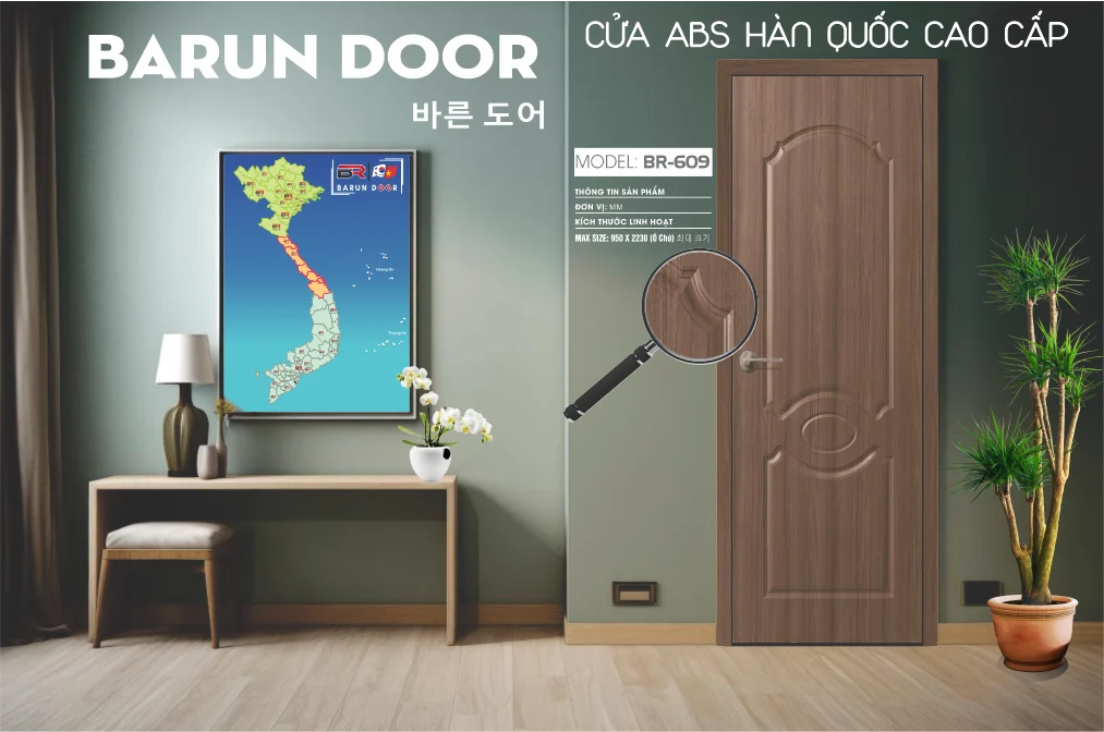 Cửa hoa văn BR-609 vân gỗ walnut với huỳnh vòm bán nguyệt