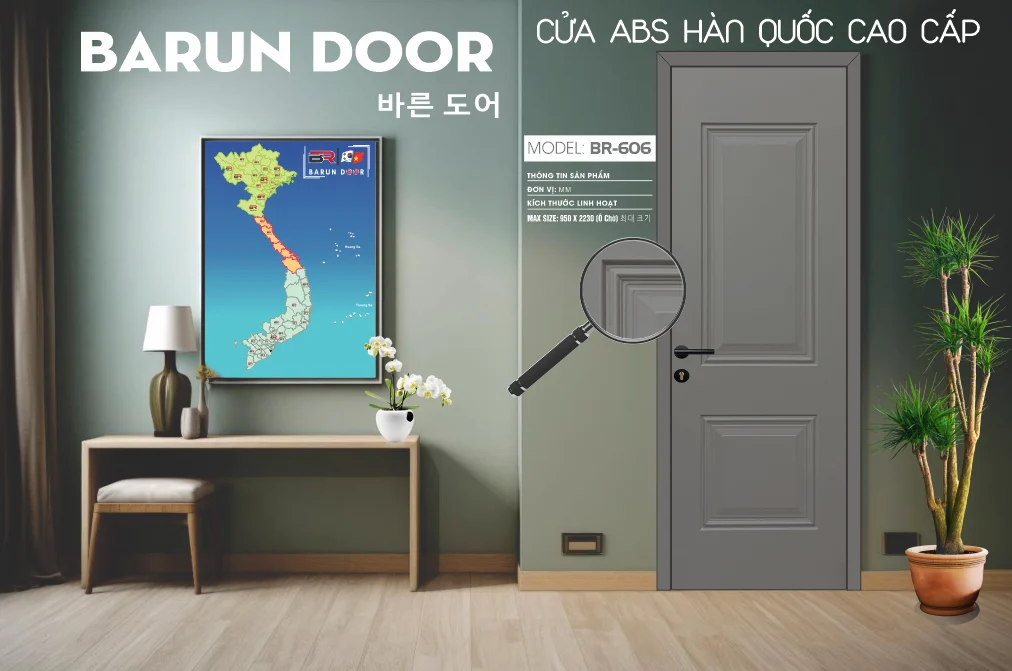 Cửa hoa văn BR-606 màu xám tro với hai khối huỳnh nổi đối xứng