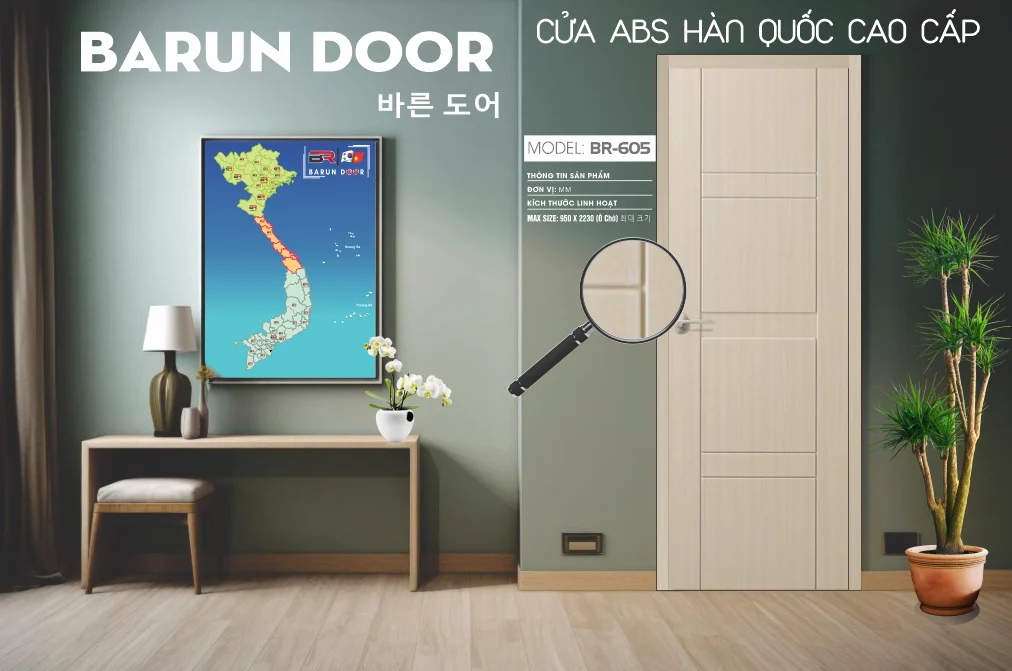 Cửa hoa văn BR-605 BARUN với ô huỳnh âm và đường chỉ ngang