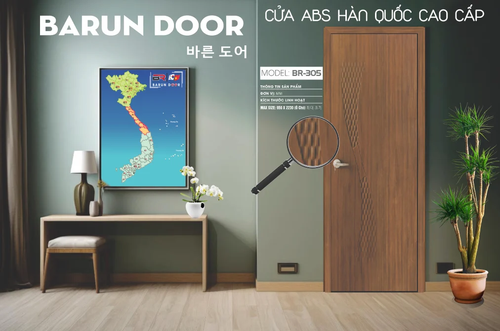 Cửa hoa văn BR-305 BARUN với huỳnh âm sóng 3D bất đối xứng
