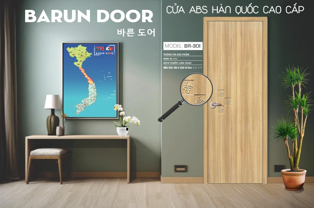 Cửa hoa văn BR-301 BARUN với họa tiết hoa nổi trên nền huỳnh âm