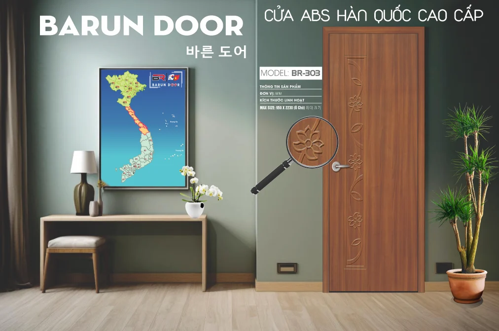 Cửa hoa văn BR-303 BARUN huỳnh lệch với hoa văn uốn cong Á Đông
