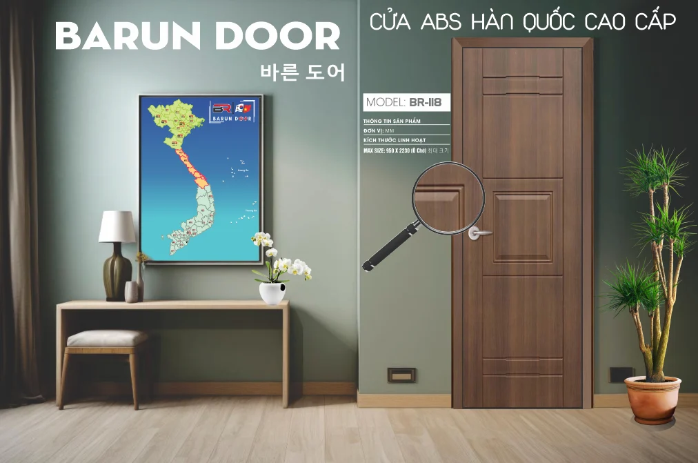 Cửa hoa văn BR-118 ô huỳnh vuông trung tâm vân gỗ