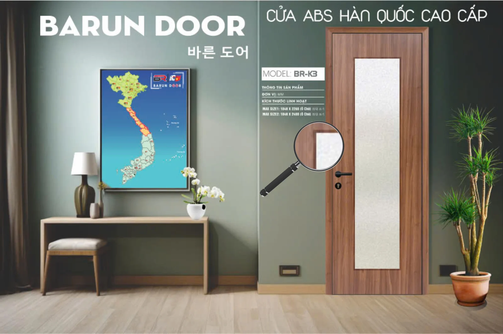 Cửa ô kính BR-K3 BARUN với ô kính lớn và viền chỉ vân gỗ