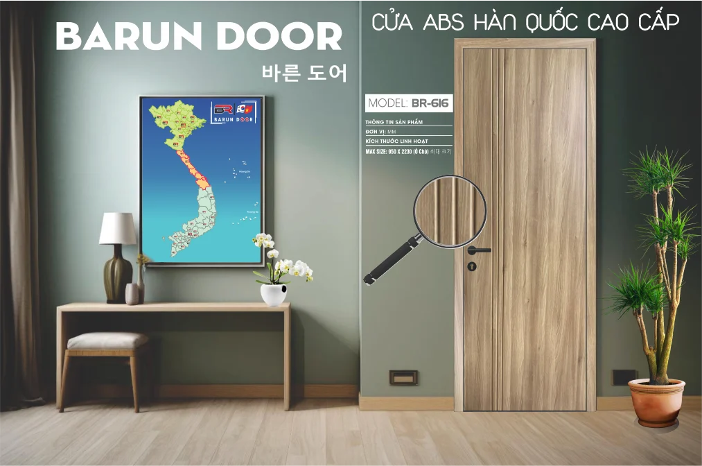 Hình 3D cửa hoa văn BR-616 với ba đường huỳnh âm dọc tối giản