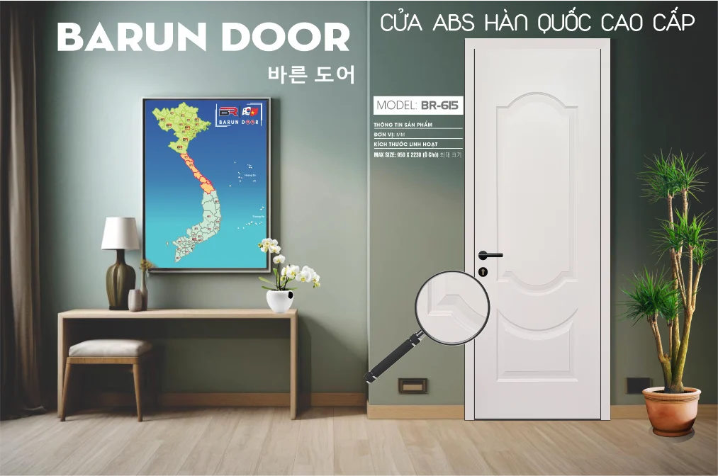 Hình 3D cửa hoa văn BR-615 màu trắng với hai ô huỳnh bo cong