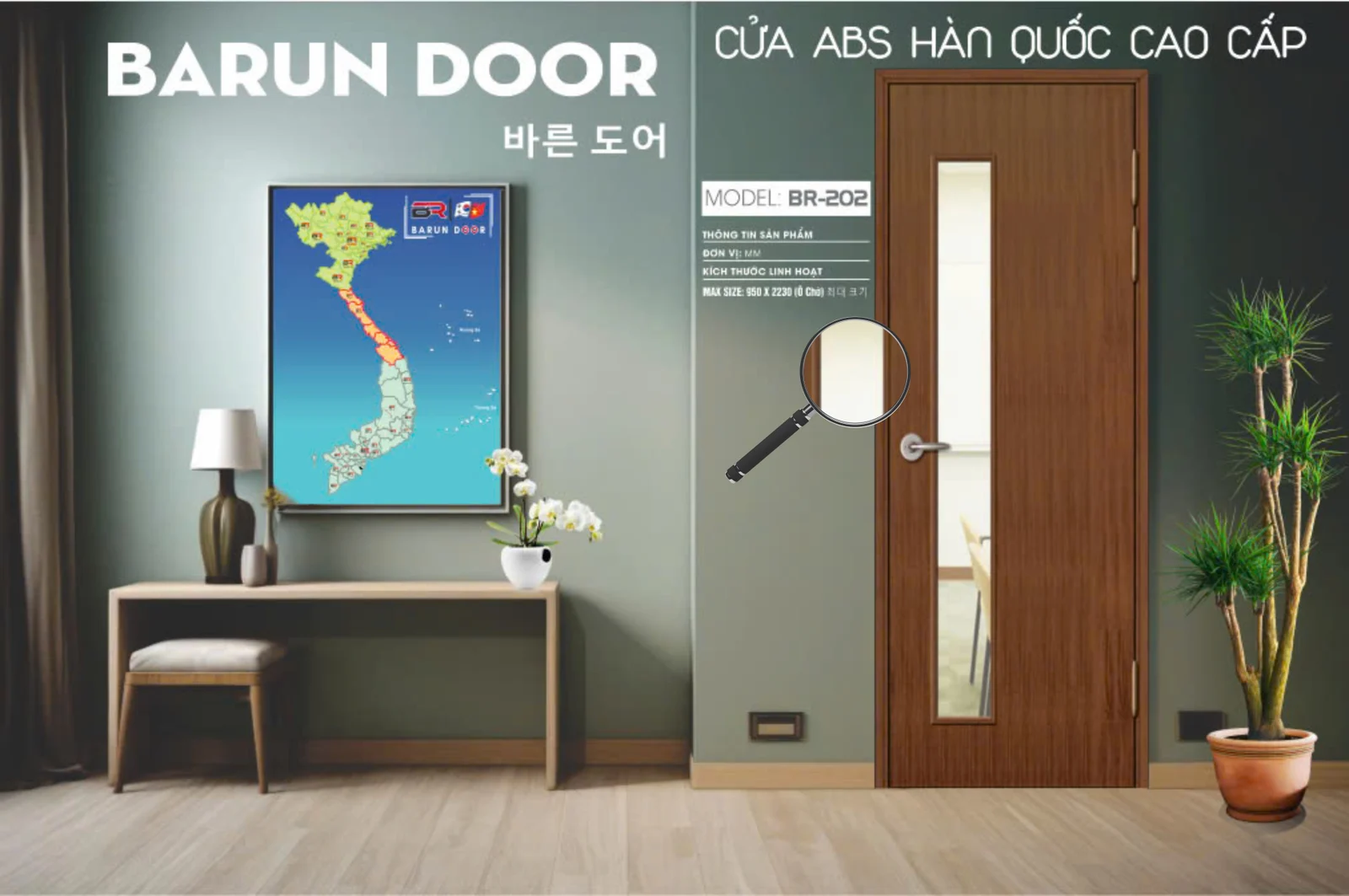 Cửa ô kính BR-202 vân gỗ nâu trầm với ô kính dài dọc thân cửa