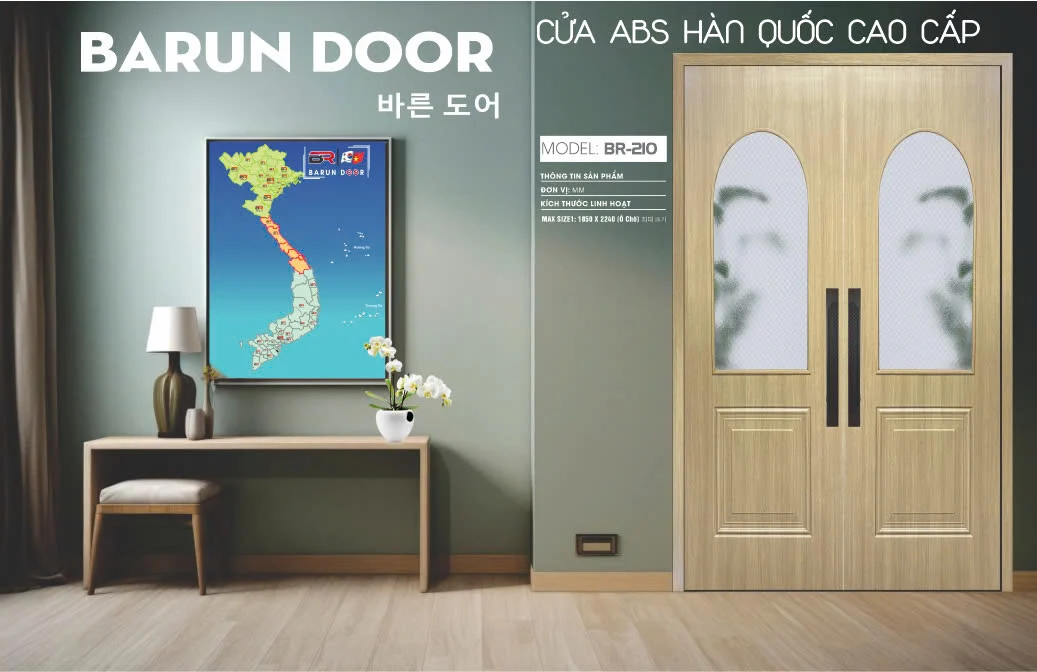 Cửa đôi BR-210 BARUN ô kính vòm và phào nổi vân gỗ