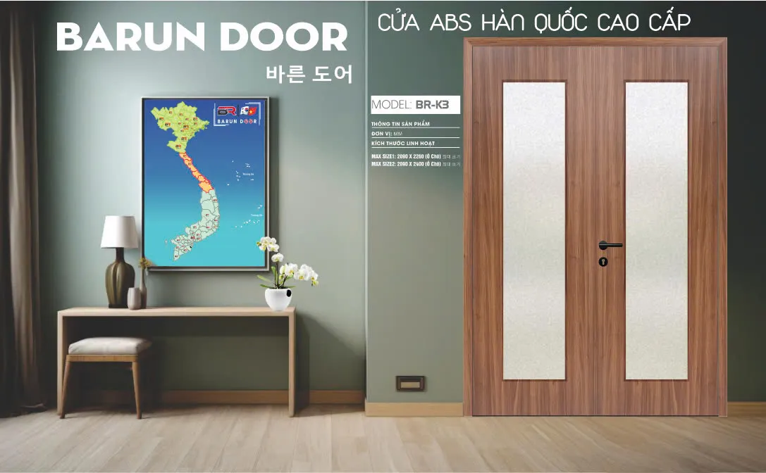 Cửa đôi BR-K3 BARUN hai cánh kính mờ trong không gian nội thất