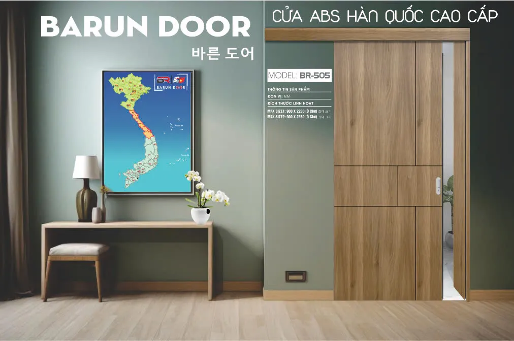 Cửa lùa BR-505 BARUN vân gỗ treo ray ngoài trong căn hộ