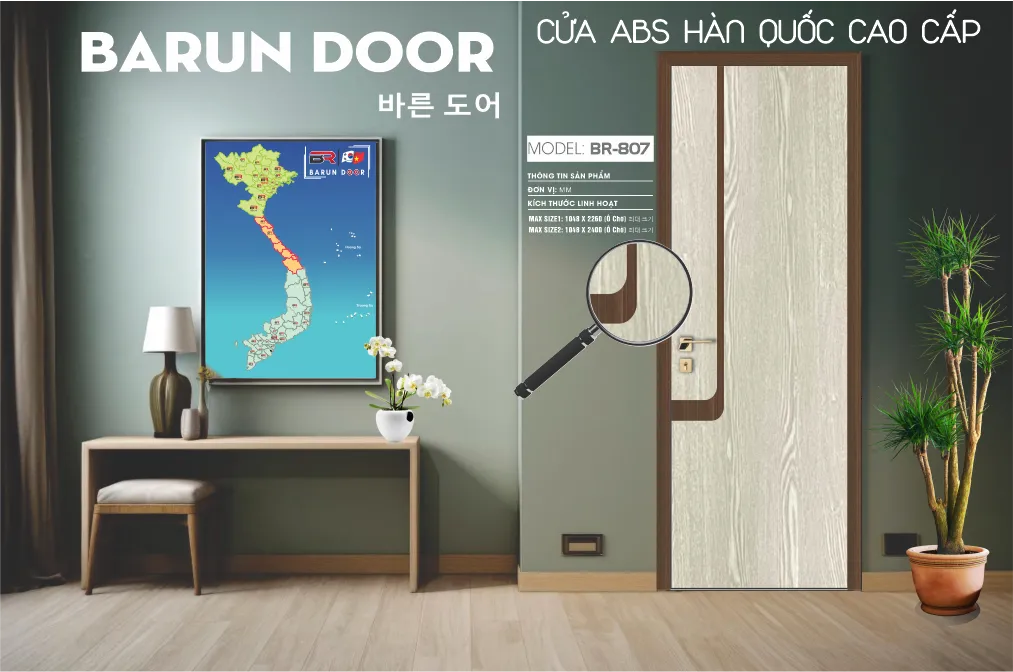 Cửa phối màu BR-807 BARUN phối vân gỗ với đường bo góc