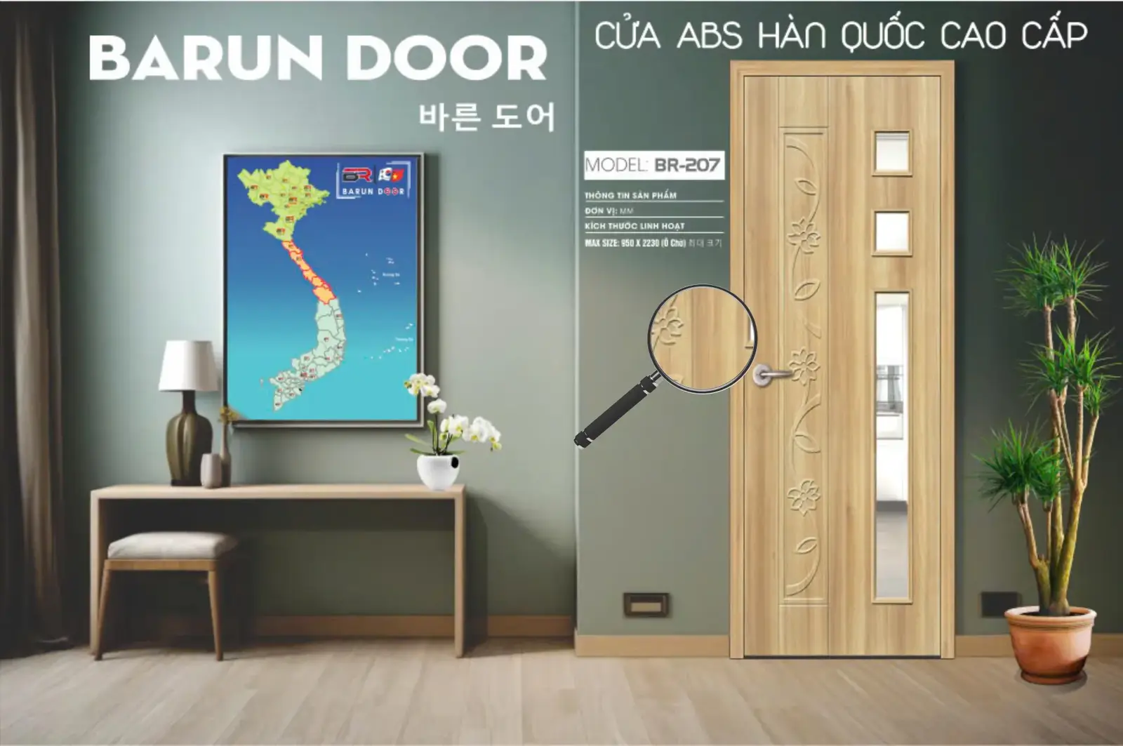 Cửa ô kính BR-207 với 3 ô kính và họa tiết huỳnh hoa nổi
