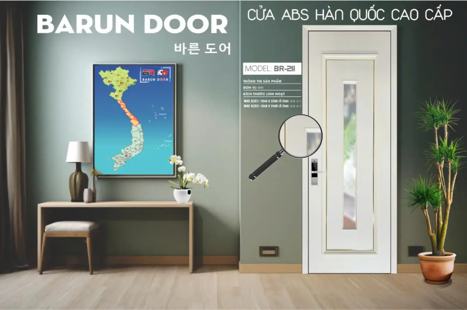 Cửa ô kính BR-211 viền chỉ nhôm trong phòng nội thất hiện đại