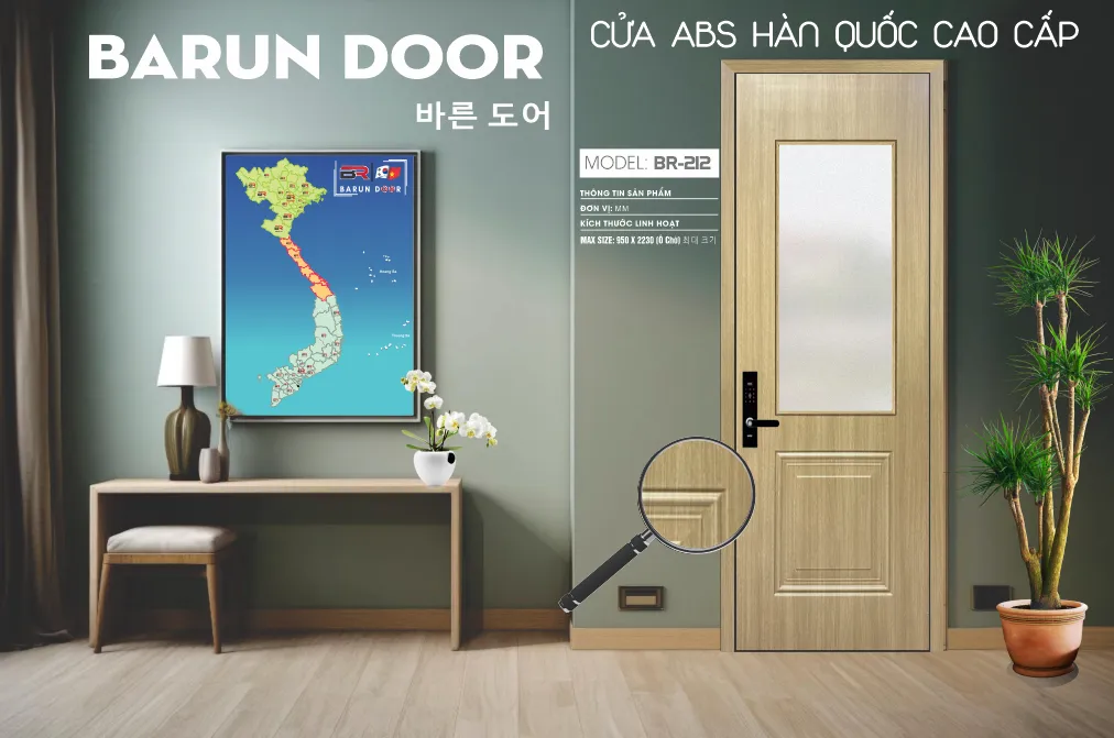 Cửa ô kính BR-212 BARUN vân gỗ với ô kính mờ lớn
