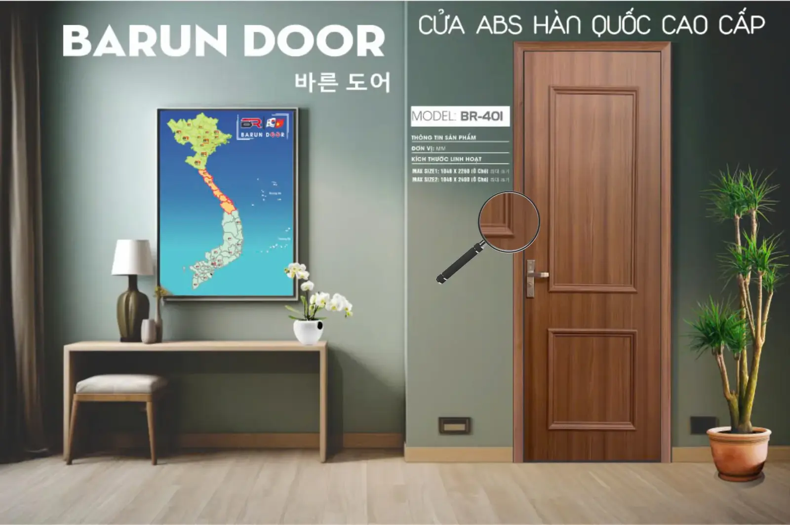 Cửa phào nổi BR-401 vân gỗ hai ô phào cân đối trong nội thất