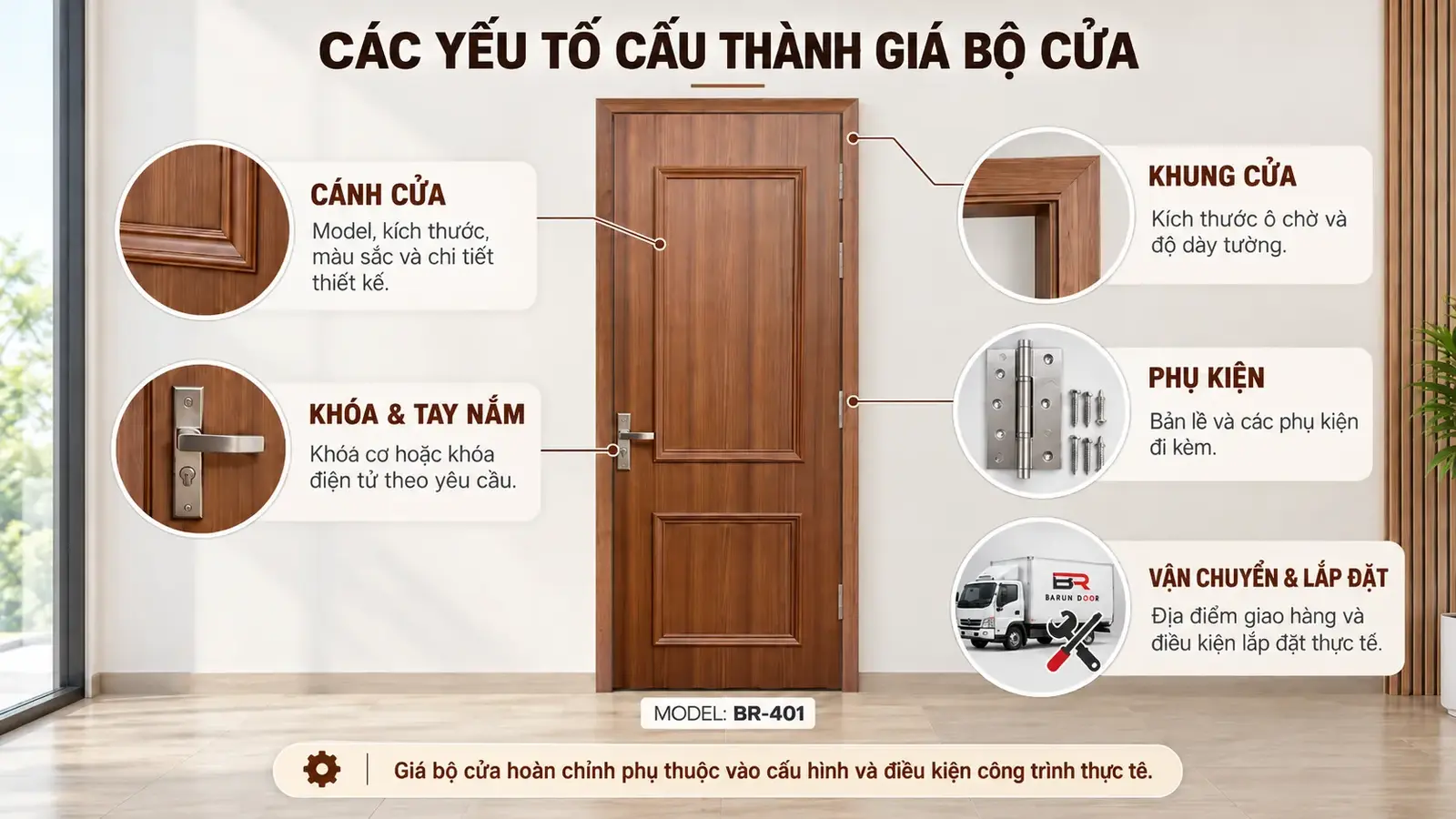 Cửa phào nổi BR-401 và các yếu tố cấu thành giá bộ cửa