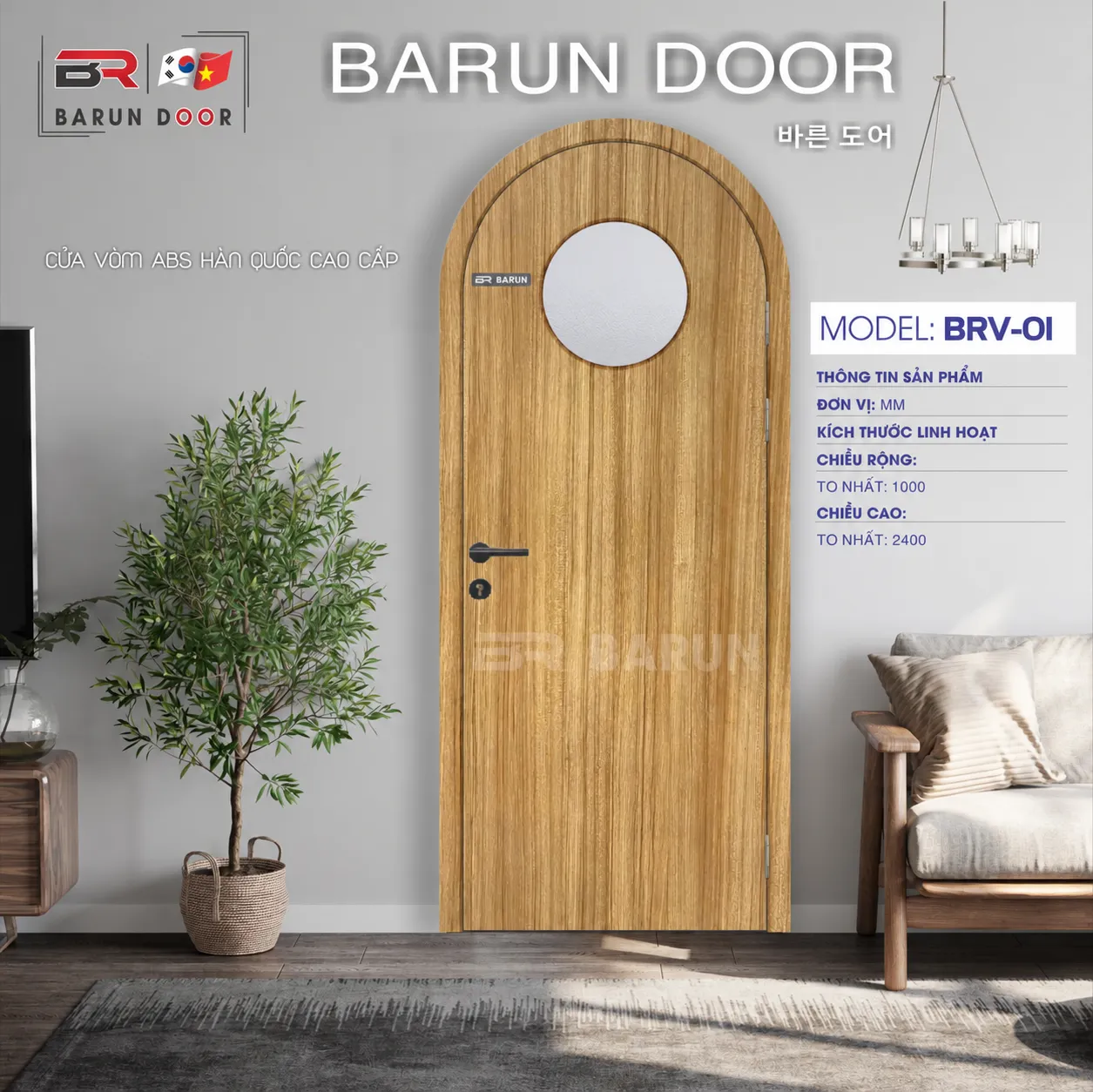 Cửa vòm BRV-01 với ô kính tròn lấy sáng trong không gian nội thất