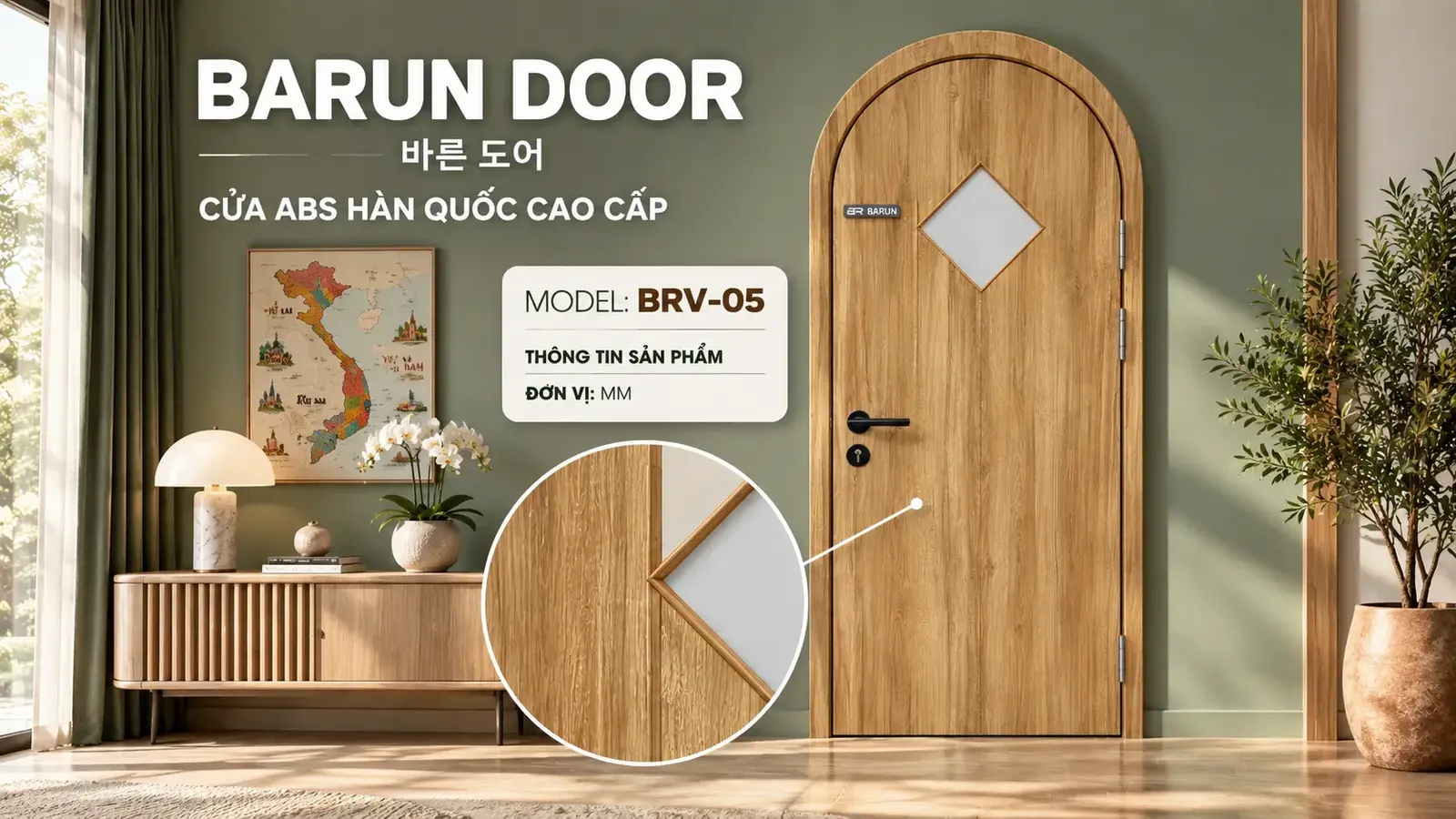 Cửa vòm BRV-05 ô kính hình kim cương trong không gian nội thất