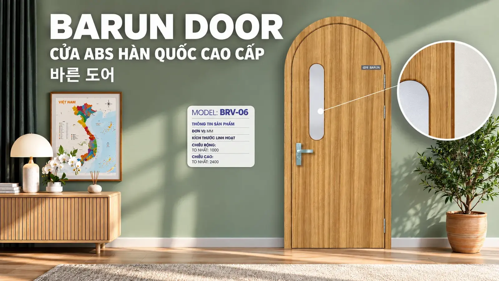 Cửa vòm BRV-06 ô kính bo tròn trong không gian nội thất