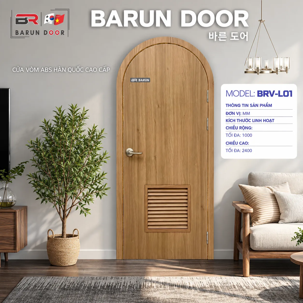 Cửa vòm BRV-L01 lam gió lắp trong không gian nội thất hiện đại