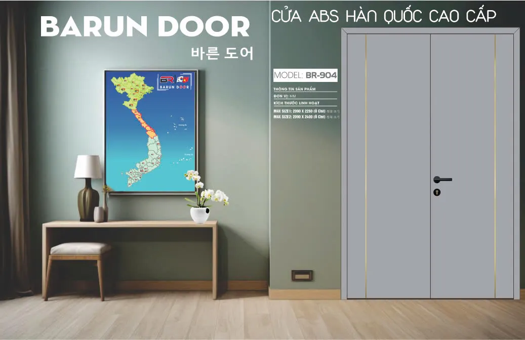 Cửa đôi BR-904 BARUN màu xám với chỉ nhôm dọc hiện đại
