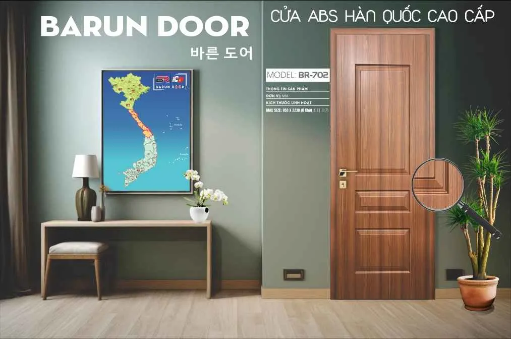 Mẫu cửa huỳnh âm BR-702 vân gỗ với khung huỳnh lớn trung tâm