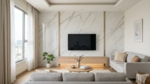 Vách tivi ốp tấm ốp PVC vân đá trắng canh vân liền mạch trong phòng khách