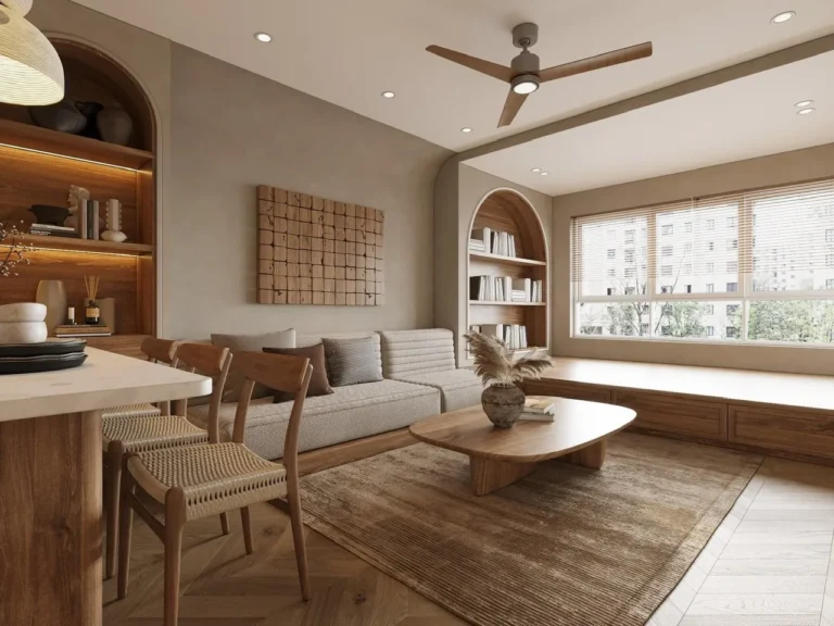 Thiết kế nội thất phòng khách căn hộ chung cư phong cách Japandi, sofa bệt vải, bàn trà gỗ và bục ngồi sát cửa sổ